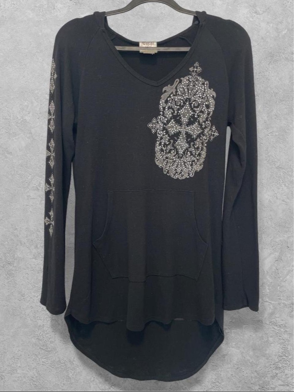 Vocal Black Rhinestone V Neck Hoodie XL Made USA